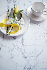 Image showing Spring Easter Table setting at white marble table. Top view