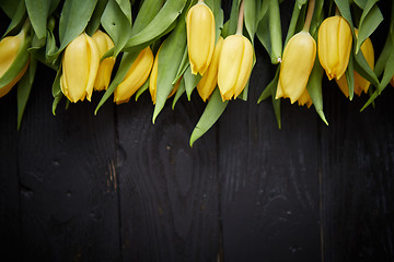 Image showing Beautiful yellow tulips on black rustic wooden background. Top view