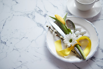 Image showing Spring Easter Table setting at white marble table. Top view