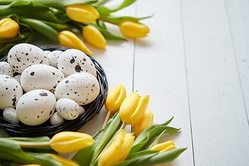 Image showing Beautiful yellow tulips with dotted quail and chicken eggs in nest on white