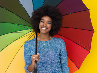 Image showing black woman holding a colorful umbrella