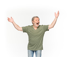 Image showing Closeup of senior man\'s body in empty green t-shirt isolated on white background. Mock up for disign concept