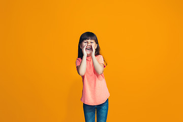 Image showing Isolated on pink young casual teen girl shouting at studio