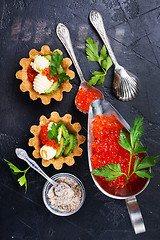 Image showing tartalets, butter and salmon caviar