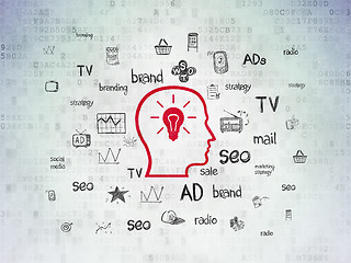 Image showing Marketing concept: Head With Lightbulb on Digital Data Paper background