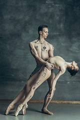 Image showing The young modern ballet dancers posing on gray studio background