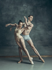 Image showing The young modern ballet dancers posing on gray studio background