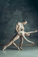 Image showing The young modern ballet dancers posing on gray studio background