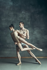 Image showing The young modern ballet dancers posing on gray studio background