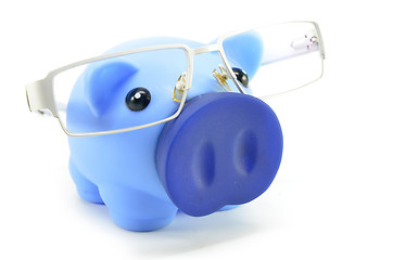 Image showing Blue piggy bank with glasses