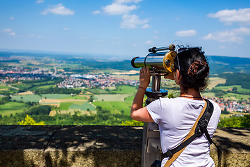 Image showing Woman tourist on the observation deck, viewing platform Hohenzol