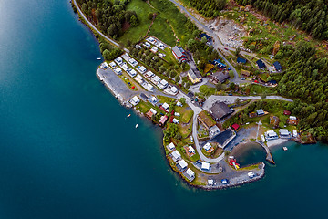 Image showing Beautiful Nature Norway Aerial view of the campsite to relax.