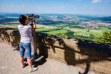 Image showing Woman tourist on the observation deck, viewing platform Hohenzol