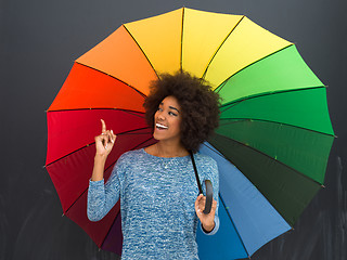 Image showing african american woman holding a colorful umbrella