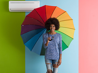 Image showing young black woman holding a colorful umbrella