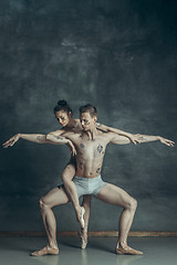 Image showing The young modern ballet dancers posing on gray studio background