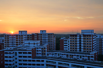 Image showing Apartment building at sunset block of flats