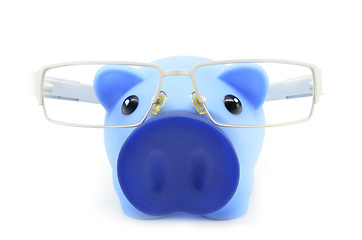 Image showing Blue piggy bank with glasses