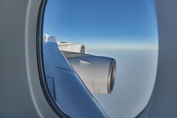 Image showing Flying on a plane, jet engines