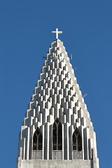 Image showing Reykjavik cathedral exterior tower top detail