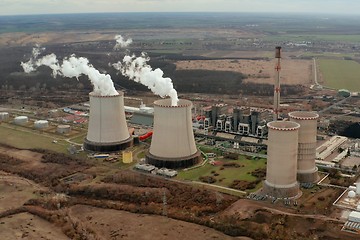 Image showing Power plant cooling tower aerial view