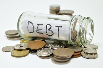 Image showing Debt lable in a glass jar with coins spilling out