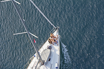 Image showing Three young Girls at bow of yacht