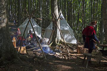 Image showing Medieval Camp in the forest cooking in the kettle