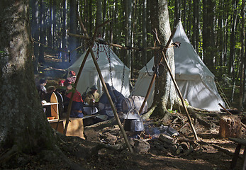 Image showing Medieval Camp in the forest cooking in the kettle