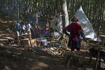 Image showing Medieval Camp in the forest cooking in the kettle