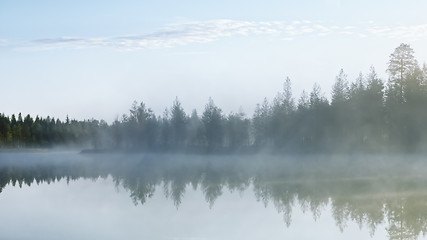 Image showing Foggy Morning On The Northern Forest Lake