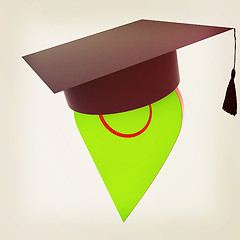 Image showing Geo pin with graduation hat on white. School sign, geolocation a