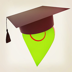 Image showing Geo pin with graduation hat on white. School sign, geolocation a