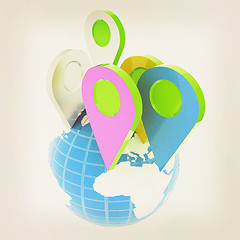 Image showing Planet Earth and map pins icon. Earth globe and colorful map lab