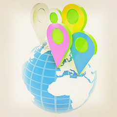 Image showing Planet Earth and map pins icon. Earth globe and colorful map lab