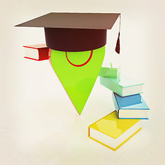 Image showing Pointer of education in graduation hat with books around. 3d ill