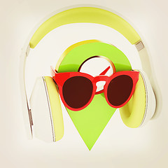 Image showing Glamour map pointer in sunglasses and headphones. 3d illustratio