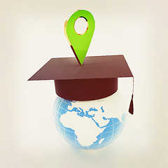 Image showing Geo pin with graduation hat on white. School sign, geolocation a