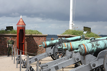 Image showing Cannons outside  Kronborg castle pointing at Øresund