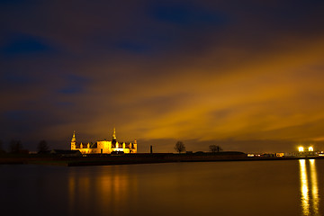 Image showing Kronborg Castle at night seen from Elsinore harbour