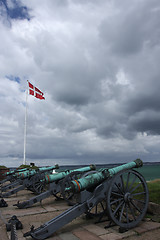 Image showing Cannons outside  Kronborg castle pointing at Øresund