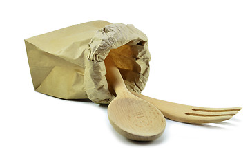 Image showing Paper bag with wooden fork and spoon