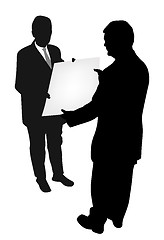 Image showing Two businessmen holding and showing new project plan or blank banner