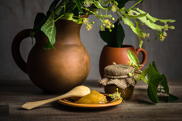 Image showing Jar with white honey on the table,\rclose-up