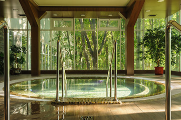 Image showing Big round jacuzzi bath in spa center, early morning