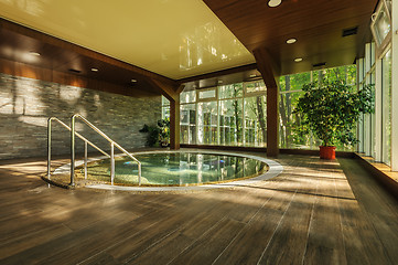 Image showing Big round jacuzzi bath in spa center, early morning