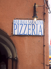 Image showing editorial pizzeria restaurant sign on old building in Vernazza C