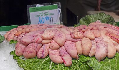 Image showing Fresh eggs hake roe fish at market