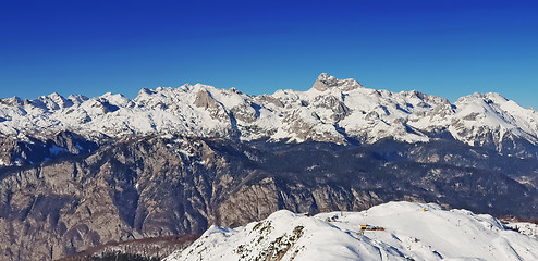 Image showing Panoramic view of the snowy mountains ski resort Vogel in Sloven