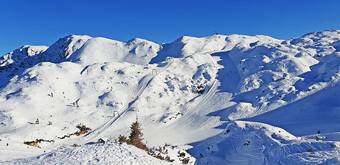 Image showing Panoramic view of the snowy mountains ski resort Vogel in Sloven